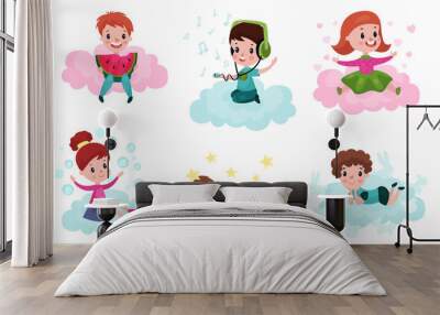 Set Of Six Vector Illustrations With Children Having Fan And Doing Different Things In The Clouds Cartoon Characters Wall mural