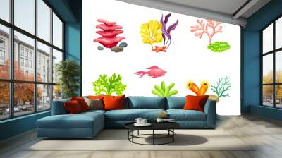 Set of underwater plants, fishes and stones set. Marine life and aquarium flora vector illustration Wall mural