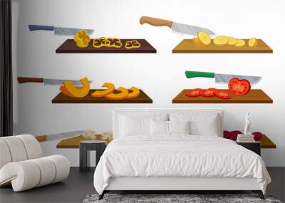 Sharp Knives with Wooden Handle Chopping and Slicing Vegetables on Cutting Board Vector Set Wall mural