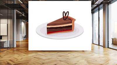 Slice of chocolate cake with jam on white plate. Holiday food. Dessert for Valentine s day. Flat vector design Wall mural