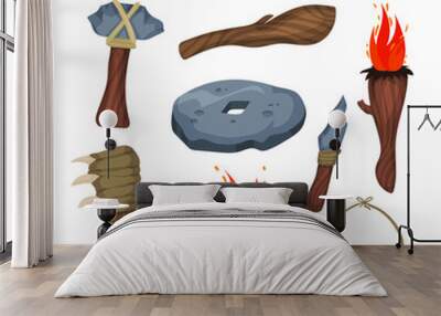 Stone Age symbols set, weapon and tools of caveman vector Illustrations on a white background Wall mural