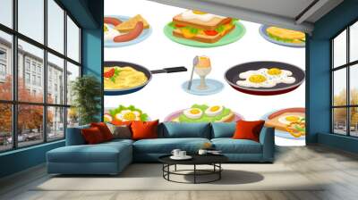 Tasty dishes with eggs set, fresh nutritious breakfast food, design element for menu, cafe, restaurant vector Illustrations on a white background Wall mural