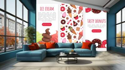 Tasty donuts and ice cream mobile app templates set. Tasty sweets and desserts landing page, web banner cartoon vector Wall mural