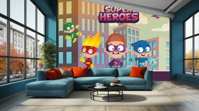 Team of super hero kids, funny boys and girls characters in colorful superhero costumes cartoon vector Illustration on an urban background Wall mural