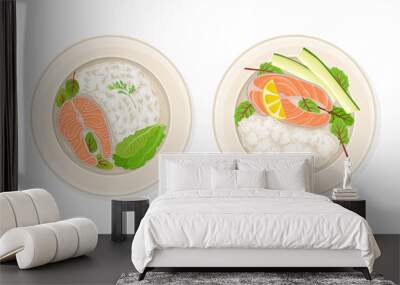 Top view of seafood dishes set. Salmon fish with rice and vegetables served on plates vector illustration Wall mural