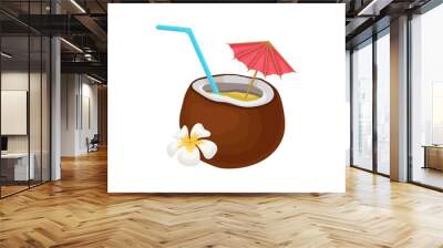 Tropical cocktail in coconut with straw and umbrella vector Illustration on a white background Wall mural