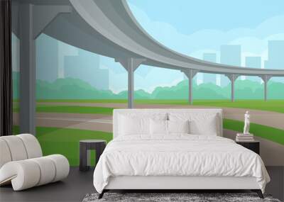 Urban landscape with overpass, road and green grass, high-rise buildings and bushes on background. Flat vector design Wall mural