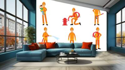 Vector Illustration Sit With Cartoon Characters Of Firefighters In Action Poses Wall mural