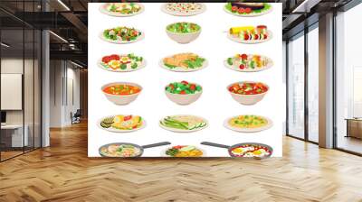 Vegetarian dishes set. Tasty healthy meatless dishes, cooked food from vegetables, cereals and eggs vector illustration Wall mural