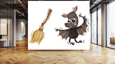 Witch Broomstick and Vampire Bat as Halloween Symbol Vector Set Wall mural