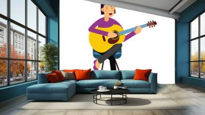 Young woman playing an acoustic guitar and singing cartoon character vector Illustration Wall mural