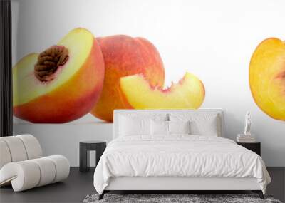 composition of peaches, whole or sliced peaches isolated on white background Wall mural