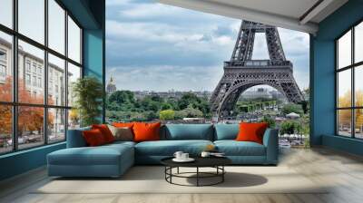 Panorama Eiffel Tower in Paris. The Eiffel tower is the most visited monument of France with about 6 million visitors every year.

 Wall mural