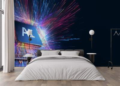 AI word on microchip and colorful light spread with strong beam , AI concept with copyspace banner background, Generative AI. Wall mural