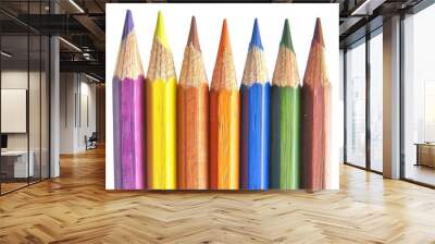 Photo of a row of colorful wooden pencils aligned isolated on transsparent or white background Wall mural