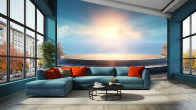 Sunlit podium display on blue rock background Wall mural