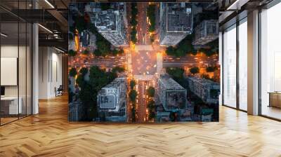 Aerial View of Urban Intersection at Night with Traffic and Streetlights Wall mural