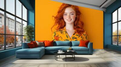 Cheerful Redhead Woman in Pumpkin Dress Against Vibrant Orange Backdrop, Generate Ai Wall mural