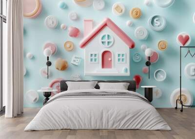 Exploring a whimsical digital art house surrounded by interactive icons in a vibrant environment Wall mural