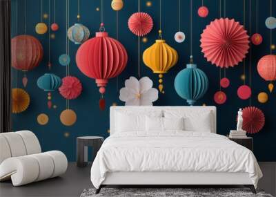 Festive Diwali Hanging Lights and Lanterns in Vibrant Paper Art Style Illuminating Dark Background Wall mural