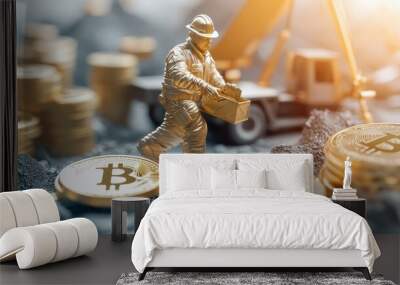 Glowing 3D Gold Miner Statue Amid Dollar Inflation Symbols in High Luminosity - Conceptual 32K Rendered C4D Art Wall mural