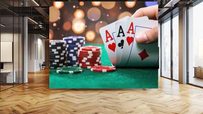 High Stakes Blackjack Game in a Lavish Casino Setting with Neatly Arranged Chips and Dealt Cards Wall mural