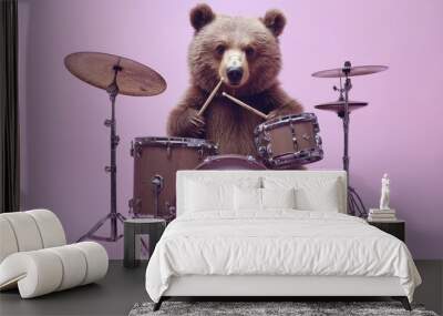 Playful Bear Percussionist - Adorable brown bear playing a drum set with a mischievous expression, set against a light purple background., Generative Ai Wall mural