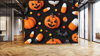 Playful Halloween Fun - Cheerful Pumpkins, Bats, and Candy Corn Seamless Pattern in 8K Resolution Wall mural