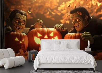 Spooky Halloween Fun: Frankenstein Characters Carving Pumpkins - 3D Illustration, Generative AI Wall mural