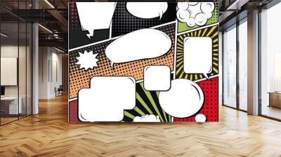 Abstract creative concept vector comic pop art style blank, layout template with clouds beams and isolated dots background. For sale banner, empty speech bubble set, illustration halftone book design. Wall mural