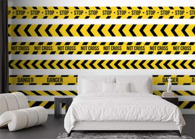 Creative vector illustration of black and yellow police stripe border. Set of danger caution seamless tapes. Art design line of crime places. Abstract concept graphic element. Construction sign. Wall mural