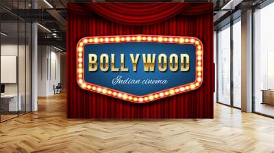 Creative vector illustration of bollywood cinema background. Art design indian movie, cinematography, theater banner or poster template. Abstract concept graphic film board element on red curtains Wall mural