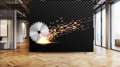 Creative vector illustration of circular saw blade for wood, metal work with welding metal fire sparks isolated on transparent background. Art design template. Abstract concept graphic weld element Wall mural