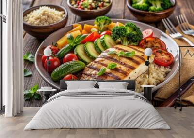 A healthy meal setup featuring grilled chicken, vegetables, and brown rice, symbolizing a balanced diet for weight loss and fat reduction goals. Wall mural