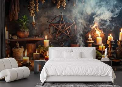 A somber arrangement of ancient symbols, flickering candles, and wispy incense cloud the air, casting an otherworldly glow against a dark, foreboding backdrop. Wall mural