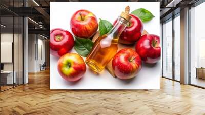 Bright red apples and a bottle of apple cider vinegar deliver health benefits and are essential for cooking Wall mural