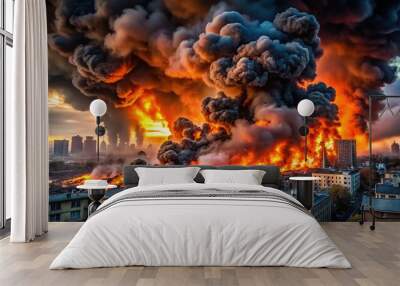 Dramatic Flames and Smoke Erupting from Buildings in Urban Landscape Wall mural