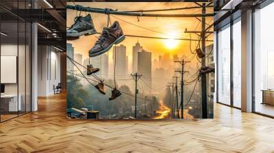 Frayed shoes dangle from corroded power lines, tangled wires snaking like skeletal fingers across the desolate cityscape, exhausted sun struggling to pierce the dense fog. Wall mural