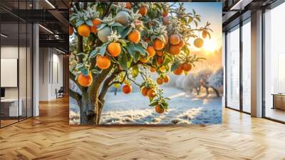 Frosted citrus tree stands tall in winter landscape, its orange fruits glistening with dew, surrounded by frost-kissed leaves and sparkling morning sunlight. Wall mural