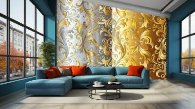 Intricate ornate patterns featuring swirling embellishment lines in shimmering gold and silver hues, adding luxury and sophistication to any design or background. Wall mural