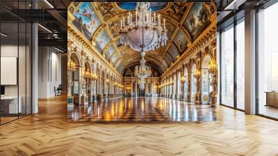 Opulent 17th-century Hall of Mirrors interior at Palace of Versailles, featuring majestic chandeliers, ornate moldings, and lavish furnishings amidst grandiose reflective surfaces. Wall mural