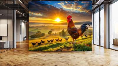 Rooster Silhouette Sunrise Landscape - Morning Farm Scene Wall mural