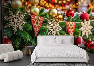 Welcome the holidays with a stunning banner featuring snowflakes, sparkling ornaments, and joyful cheerâ€”perfect for enhancing your Christmas celebrations with warmth and excitement. Wall mural