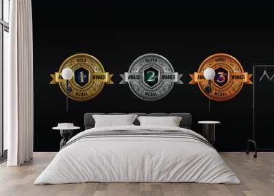 1st 2nd 3rd Winner badge guarantee. Honoring the Best with Gold, Silver, and Bronze Award Emblems. Vector Illustration. Wall mural