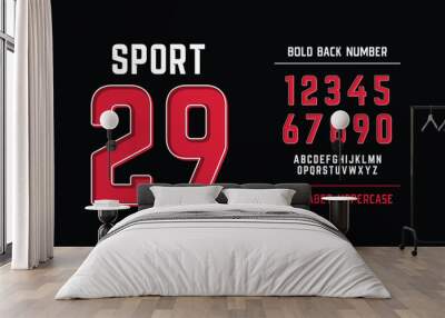 Bold Hipster Jersey: Red Numbers with White Outline
Eye-catching hipster design with red numbers outlined in white and pure white A-Z characters on a black background. Wall mural