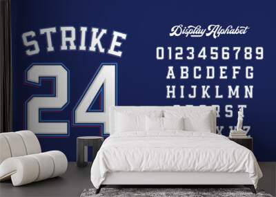 Varsity Style Jersey Design: Strike 24. Classic varsity look with Navy blue and white. Includes digits 0-9 and uppercase letters A-Z. Perfect for custom sports jerseys and team apparel. Wall mural