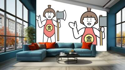 手をかざしているマサカリを持った昔話の金太郎(子供)のイラスト素材。 Wall mural