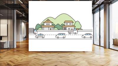 田舎の景色と車のイラスト素材。 Wall mural