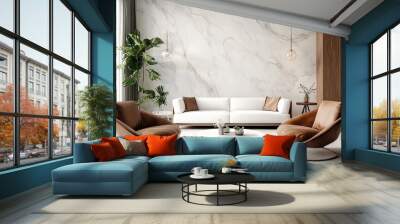 Two brown lounge chairs against white sofa and round coffee tables. Mid-century home interior design of modern living room with marble wall. Created with Wall mural