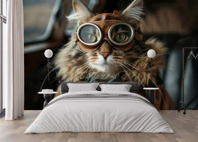 Adventurous cat dressed as vintage pilot with goggles and leather jacket Wall mural